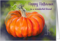 For Friend Halloween Pumpkin Bright Orange on Purple Personalized card