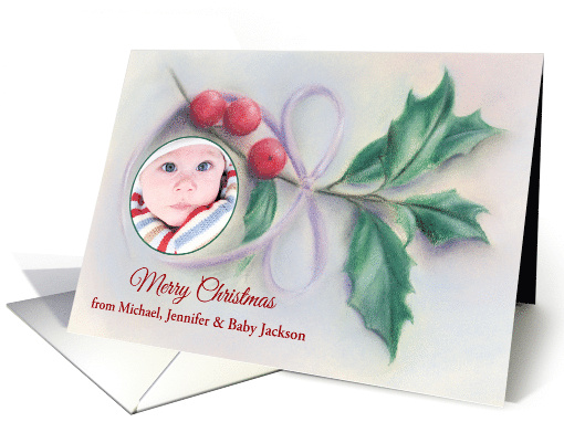 Custom Photo Christmas Personalized Names Holly Sprig Pastel card