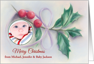 Custom Photo Christmas Personalized Names Holly Sprig Pastel card