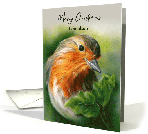 For Grandson Merry Christmas European Robin Bird Green Ivy Custom card