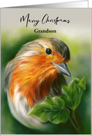 For Grandson Merry Christmas European Robin Bird Green Ivy Custom card