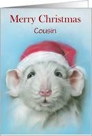 For Cousin Personalized Christmas White Rat with Santa Hat card