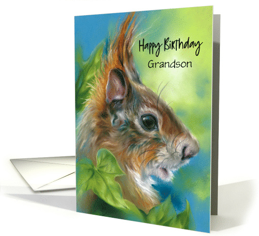 For Grandson Birthday Red Squirrel with Green Leaves Custom card