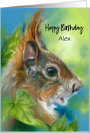 For Custom Name Birthday Red Squirrel with Green Leaves A card