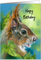 Happy Birthday Red Squirrel with Green Leaves card