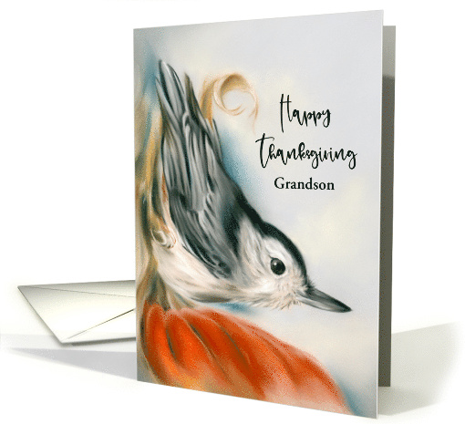Thanksgiving for Grandson Nuthatch on Autumn Pumpkin Bird Custom card