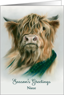 Seasons Greetings for Niece Christmas Highland Cow with Plaid Custom card