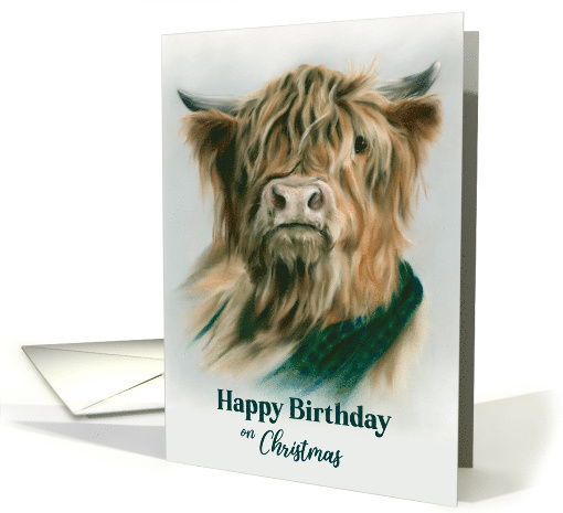 Christmas Birthday Highland Cow with Plaid Pastel Art card (1860492)