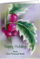 Happy Holidays Custom Business Name Winter Holly on Purple card