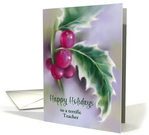 Happy Holidays for Teacher Winter Holly on Purple Custom card