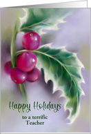Happy Holidays for Teacher Winter Holly on Purple Custom card