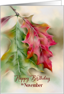 Birthday in November Autumn Oak Leaves Pastel Art card