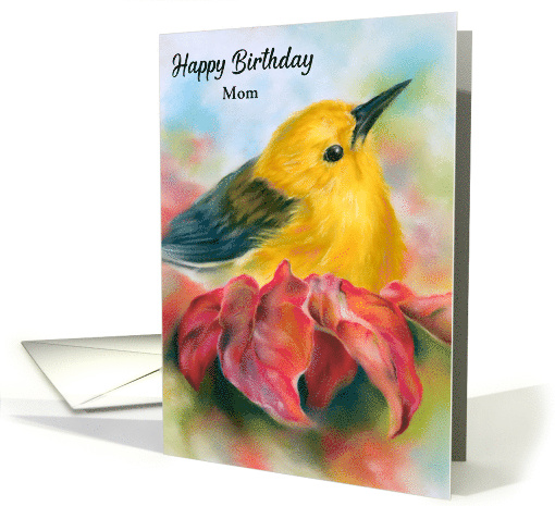 Birthday for Mom Yellow Bird with Red Autumn Leaves Custom card