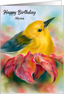 Birthday for Personalized Name Yellow Bird with Red Autumn Leaves A card