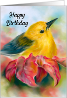 Happy Birthday Bird with Red Autumn Leaves card