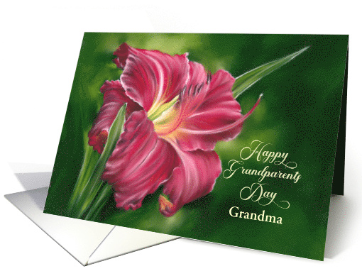 For Grandmother Red Daylily Flower on Green Personalized card