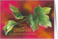 Son and Family Christmas Green Ivy Leaves on Red Custom card
