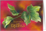 Seasons Greetings Green Ivy Leaves on Red card