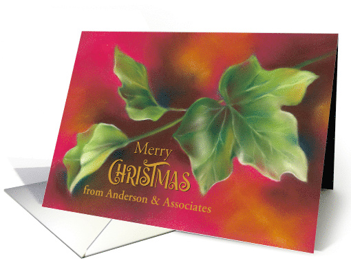Custom Business Name Merry Christmas Green Ivy Leaves on Red card