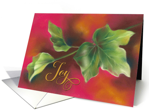 Joy Christmas Green Ivy Leaves on Red Botanical Art card (1880754)