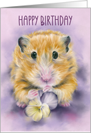 Happy Birthday Hamster Holding a Pansy Flower card
