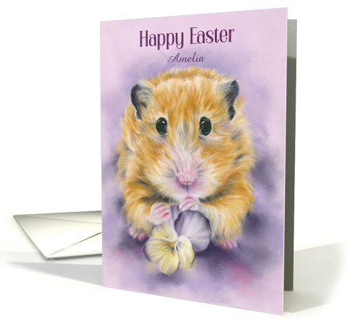 Personalized Name Easter Hamster Holding a Pansy Flower A card