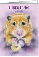 Personalized Name Easter Hamster Holding a Pansy Flower A card