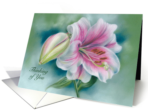 Thinking of You Pink and White Lily Flower Art Custom card (1886776)