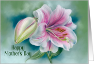 Happy Mothers Day Pink and White Lily Flower Custom card