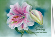 Personalized Wedding Anniversary Pink and White Lily Flower Custom card