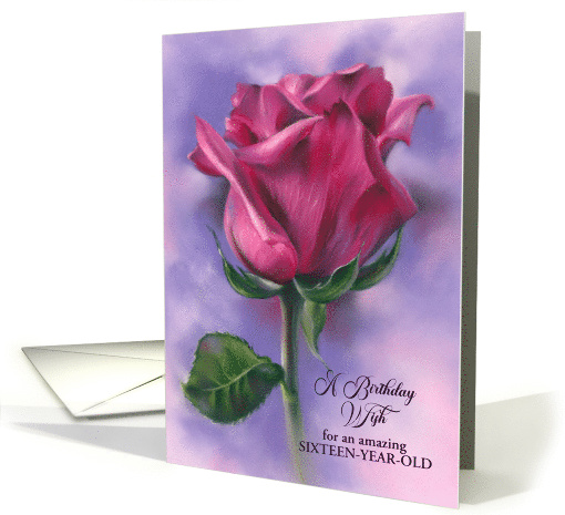 Custom Age 16 Birthday Wish Deep Pink Rose on Purple card (1891054)
