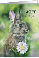 Easter Greetings Brown Bunny with Daisies Pastel Art card