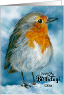 For Personalized Name Birthday Robin in the Snow Bird R card