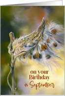 September Birthday Autumn Milkweed Seeds Pastel Art card