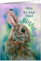 Third Birthday for Custom Name Brown Rabbit in Grass card