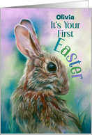 First Easter for Custom Name Brown Rabbit in Grass card