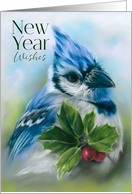New Year Wishes Blue Jay with Holly Pastel Bird Art card