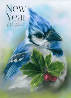 New Year Wishes Blue Jay with Holly Pastel Bird Art