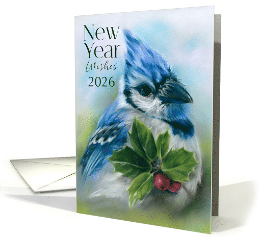 New Year Wishes 2026 Blue Jay with Holly Bird Art Custom Year card