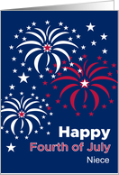 Niece July Fourth Modern Fireworks Red White and Blue Custom card