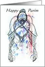 Happy Purim Pen and Ink over Red Purple Blue Watercolor Wash card