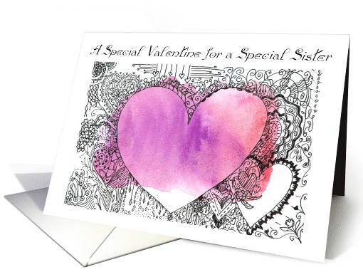 Valentine for Sister Purple Red Watercolor Wash with Hearts card