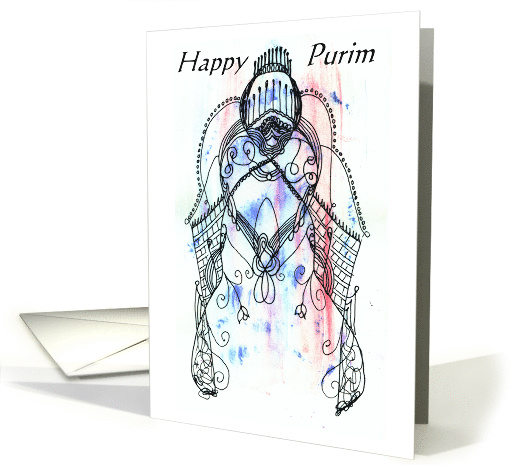 Happy Purim Pen and Ink over Red Purple Blue Watercolor Wash card