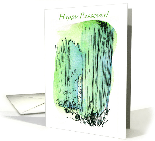Happy Passover Pen and Ink over Green and Blue Watercolor Wash card