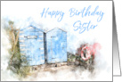 Happy Birthday Sister Beach Huts Watercolor card