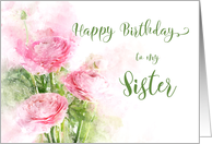 Happy Birthday Sister Pink Ranunculus Flowers Watercolor card
