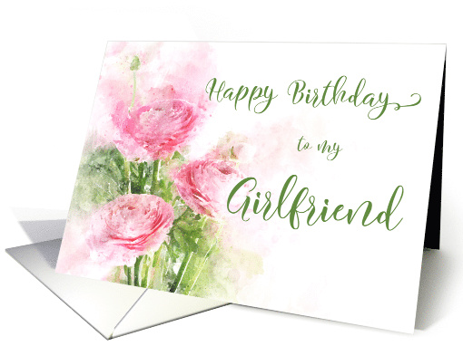 Happy Birthday girlfriend Pink ranunculus flowers Watercolor card