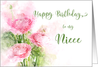 Happy Birthday Niece Pink Ranunculus Flowers Watercolor card