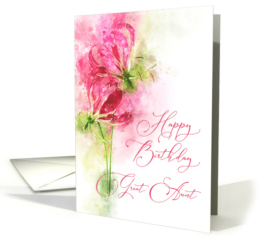 Happy Birthday Great Aunt Pink lily gloriosa Flowers Watercolor card