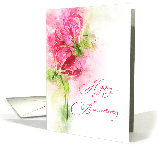 Happy anniversary Pink lily gloriosa Flowers Watercolor card (1558686)